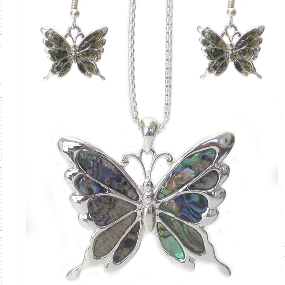 NEW ABALONE BUTTERFLY EARRING AND PENDANT SET - Picture 1 of 2